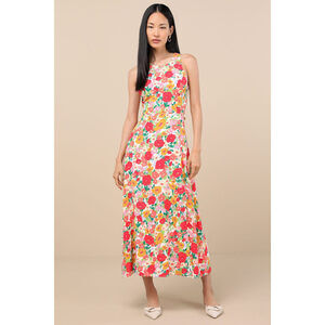 Lulus Flirty Fave White Multi Floral Print Tie-back Midi Dress - Size S